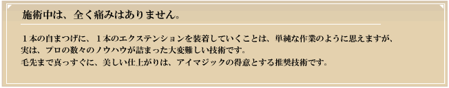 施術中は、全く痛みはありません。１本の自まつげに、１本のエクステンションを装着していくことは、単純な作業のように思えますが、実は、プロの数々のノウハウが詰まった大変難しい技術です。
                        毛先まで真っすぐに、美しい仕上がりは、アイマジックの得意とする推奨技術です。